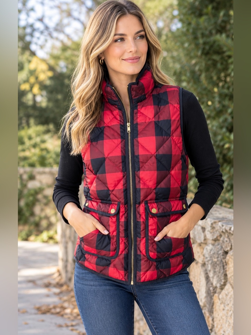 J. Crew Excursion Vest Quilted Buffalo Check Red Black Plaid, Sz XS